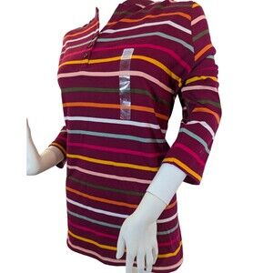 Kim Rogers 2X Henley Top – Sangria Multi Stripe – 3/4 Sleeve – 100% Cotton – NWT